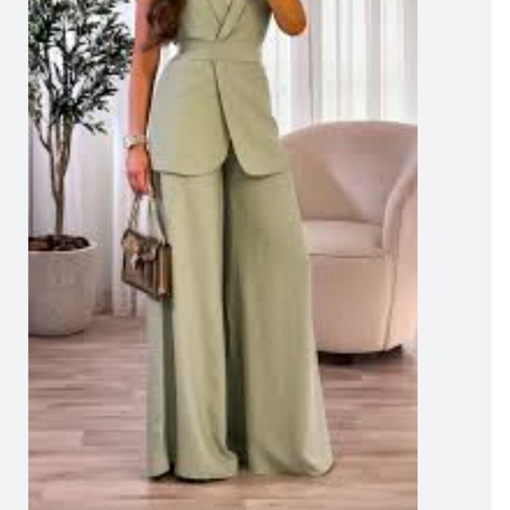 Zara Womans Pants Trousers Wide leg High waist Size L Sage Green 7595/816 NWT